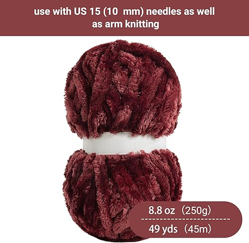Miniatura 2 de HOMBYS Hilo de terciopelo grueso, hilo de felpilla súper voluminoso para tejer, hilo grueso de felpa esponjosa para ganchillo, hilo suave rojo vino,