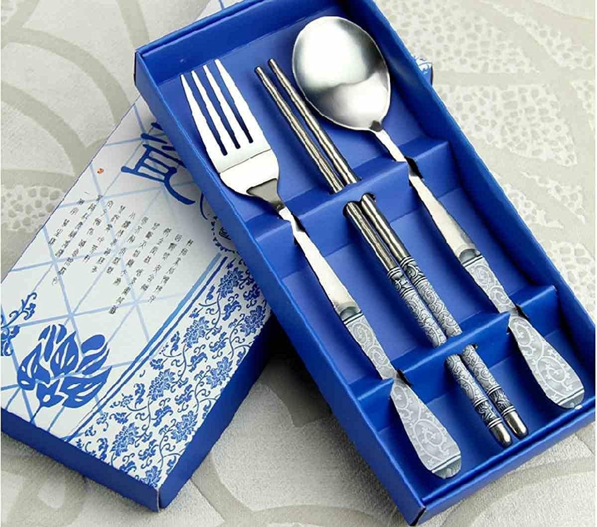 3 in 1 Vintage Tableware Set Chinese Style Stainless Steel Chopsticks Spoon Fork Clover by SkoTeRy (White and Blue)