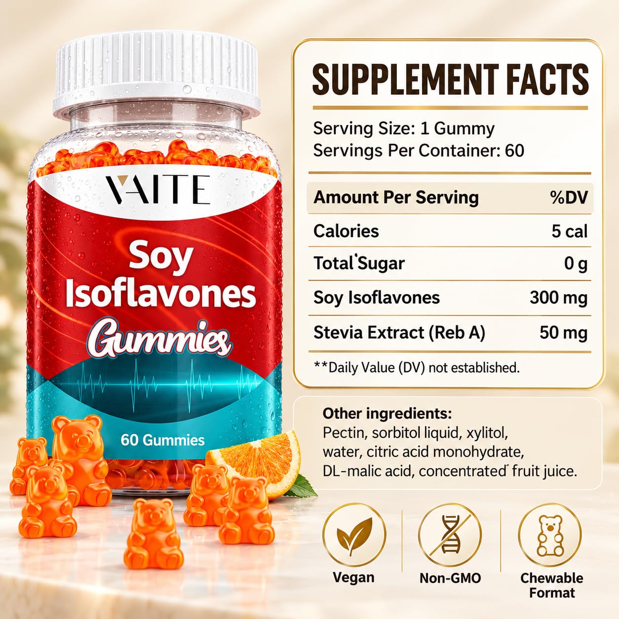 Soy Isoflavones Supplement for Women – Non-GMO Phytoestrogens for Menopause Relief, Hot Flashes, Hormonal Balance, Genistein, Soy with Isoflavones, Bone Health Support – 60 Vegan Chewable Gummies — Amazon image 3