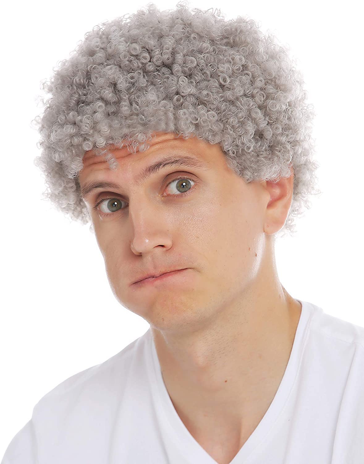 Grey Afro Wig for Men Short Curly Halloween Disco Rock Heat Resistant Synthetic Wigs with Wig Cap