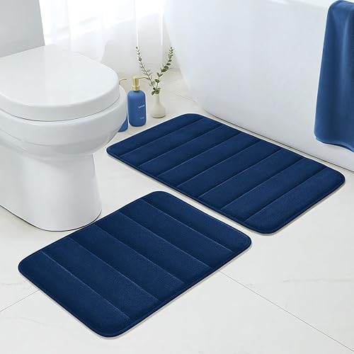 Miniatura 3 de BYSURE Juego de 2 alfombras de baño de espuma viscoelástica antideslizantes, extra suaves, absorbentes, lavables a máquina (azul marino, 17 x 24 +
