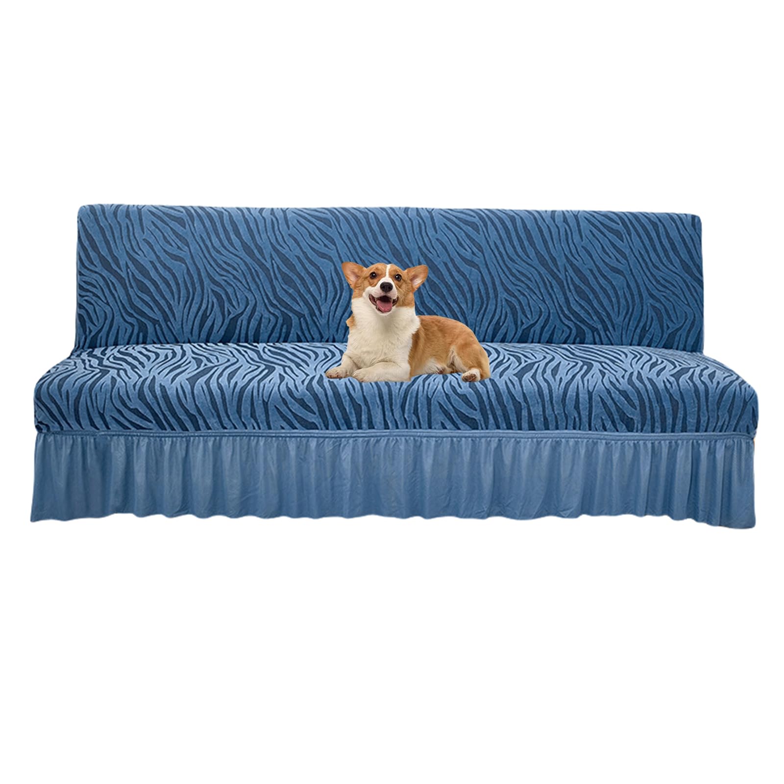 Housse futon extensible en jacquard bleu pour canapé sans accoudoir