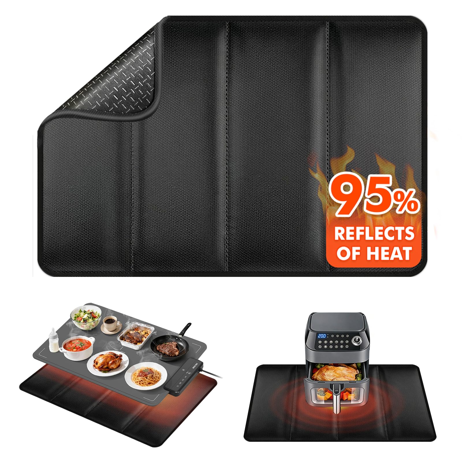 Photo 1 of 23×15.4 in Heat Resistant Mat for Food Warming Mats, Heat Resistant Mats for Countertop Reflects 95% of Heat, Easy to Clean Hot Pad With Non-slip Bottom for Air Fryer, Coffee Maker, Oven, Black