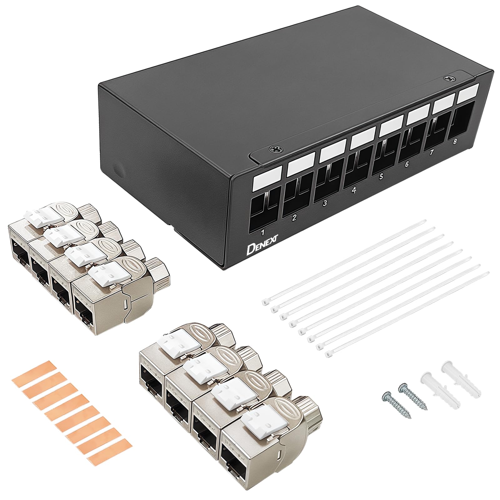 DENEXT 8 Port Patchpanel - 8x Cat7 RJ45 Keystone Jack Modul Patchfeld 1 HE STP 10 Gbps Kompatibel mit CAT6 CAT6a CAT7 Ethernet LAN-Desktop & Wandmontage