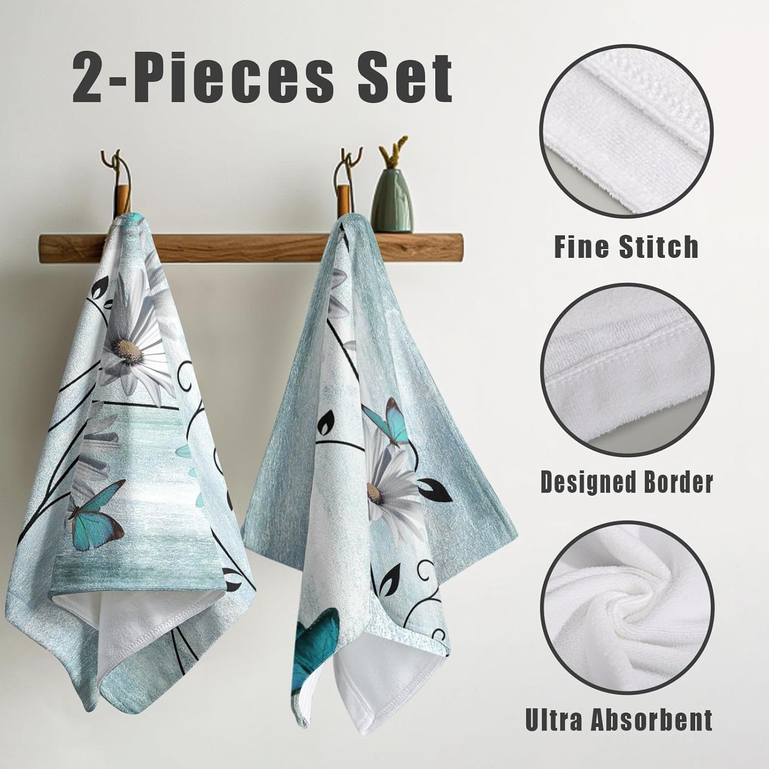 Teal Floral Turquoise Daisy Hand Towels and Hanging Kitchen Towels Set of 2