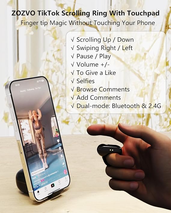Tiktok Scrolling Ring,Air Finger Ring Mouse with a Touchpad,Bluetooth/Wireless Scroller for iPhone/Android/PC,Remote Control for Camera/Video Recording/Kindle App (Black)