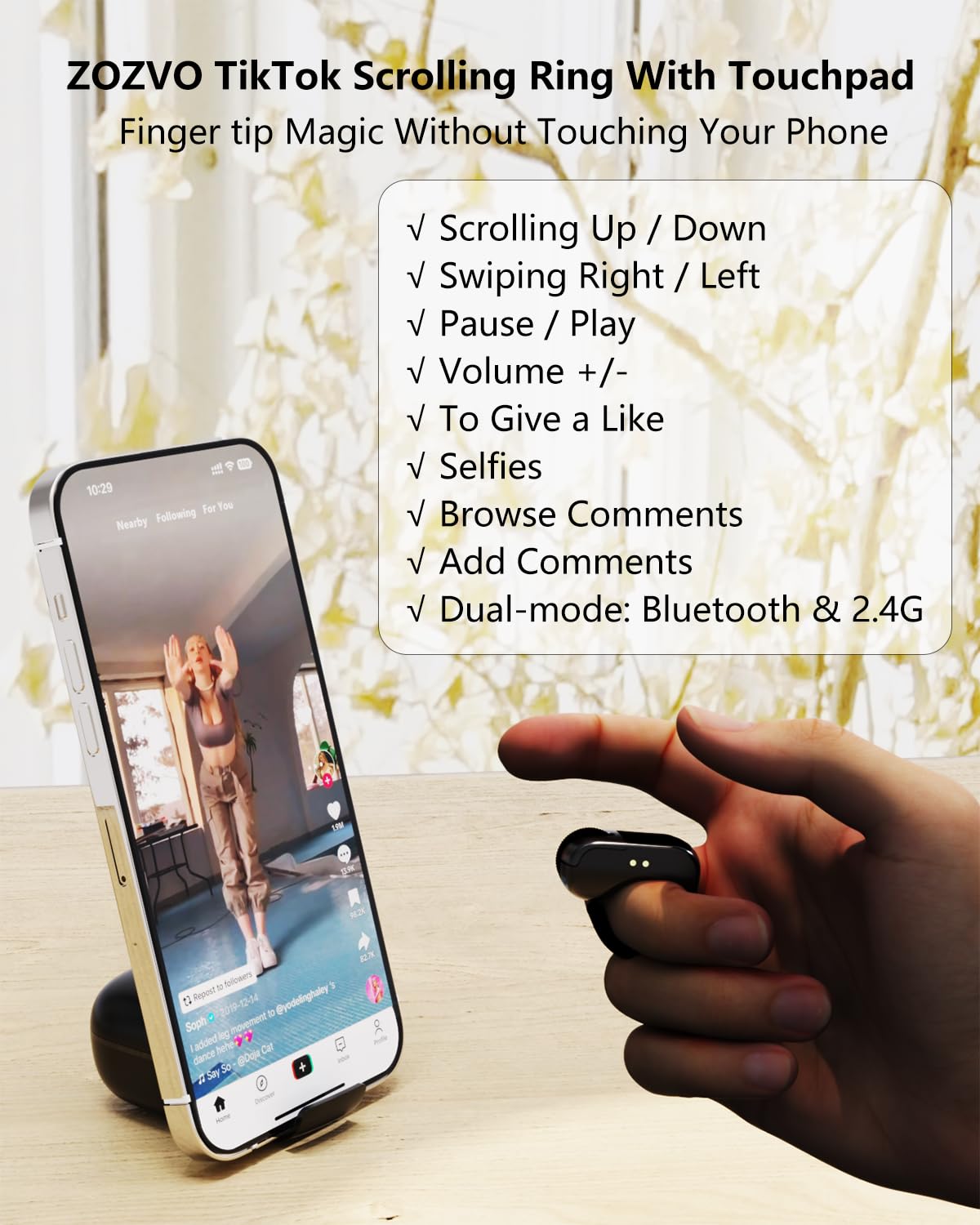 Tiktok Scroll-Ring, Air-Fingerring-Maus mit Touchpad, Bluetooth/kabelloser Scroller für iPhone/Android/PC, Fernbedienung für Kamera/Videoaufnahme/Kindle-App (schwarz)