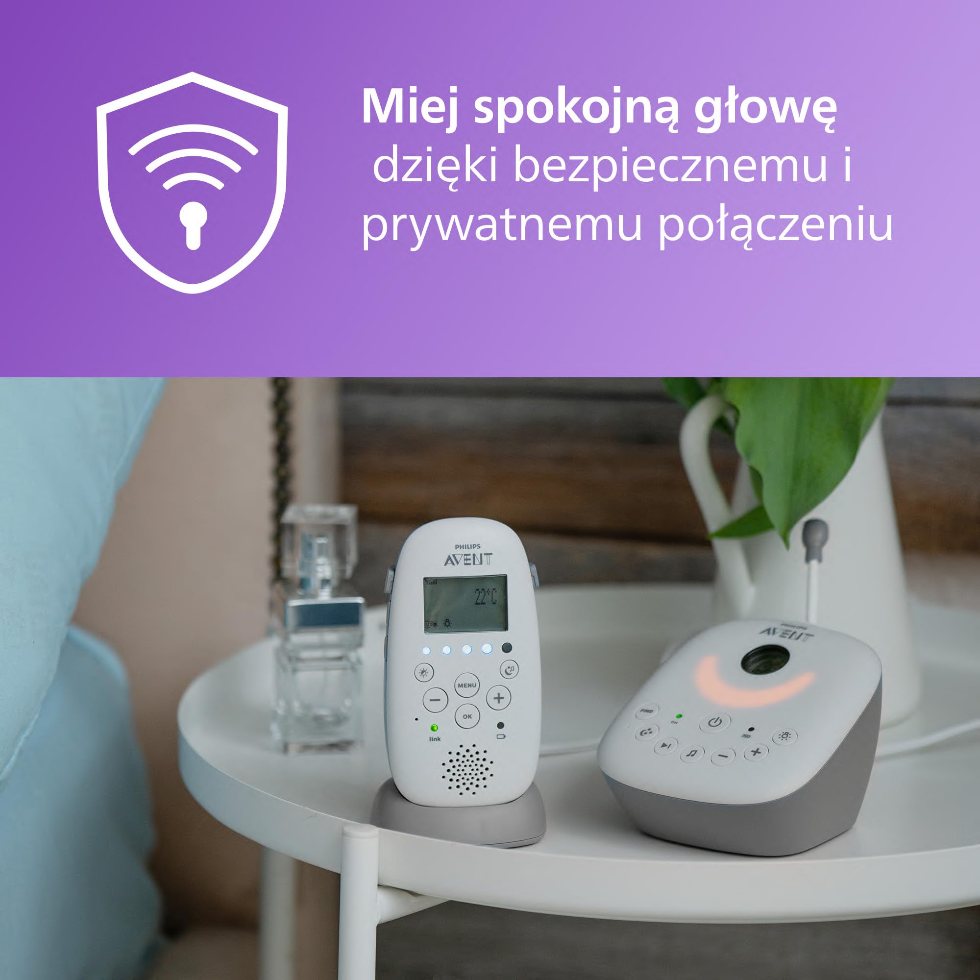 Philips Avent DECT Elektroniczna niania z projektorem gwiezdnego nieba, kołysankami, funkcją dwukierunkowej komunikacji, zasięgiem 330 m i 24-godzinnym bezprzewodowym działaniem,SCD733/26