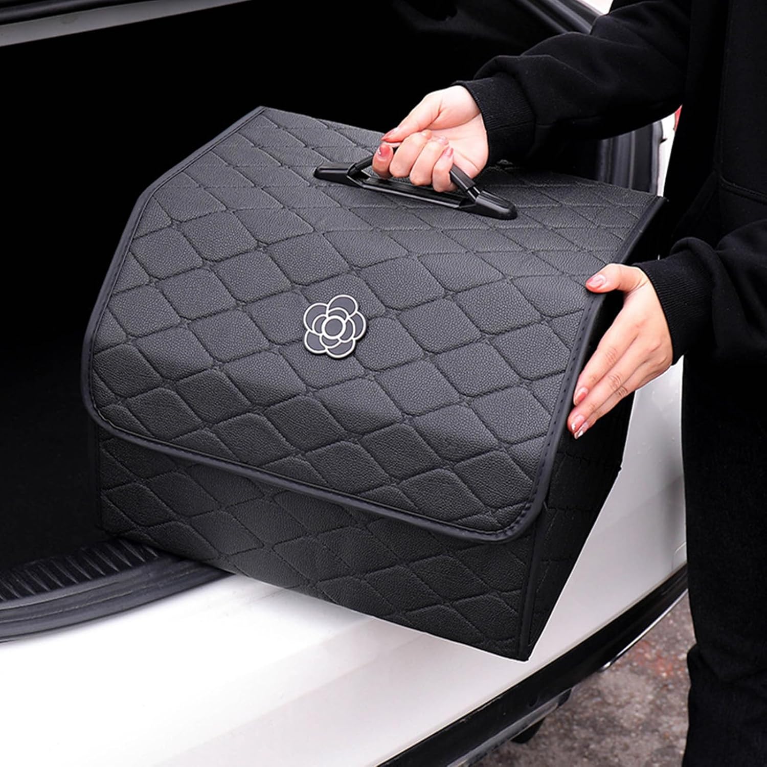 Car Trunk Storage Organizer High Capacity Multipurpose Pu Leather Portable Trunk Storage Box with Lid (Black ‑ Large)