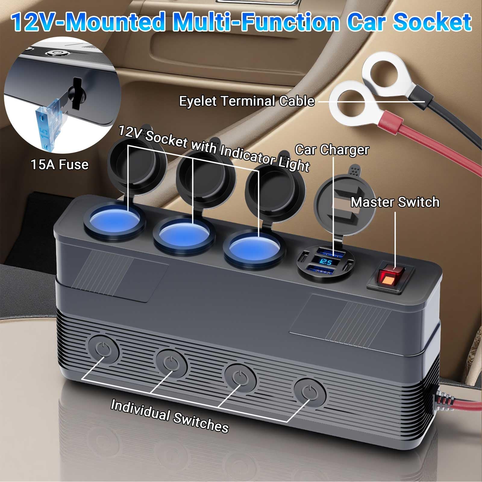 12V Steckdose 12V 15A | Zigarettenanzünder steckdose 4 USB-Anschlüsse (2A+2C) 3-Fach Zigarettenanzünder Verteiler 3M Kabel 12V Einbausteckdose Rücksitz-Ladestation ohne Kabelzerstörung