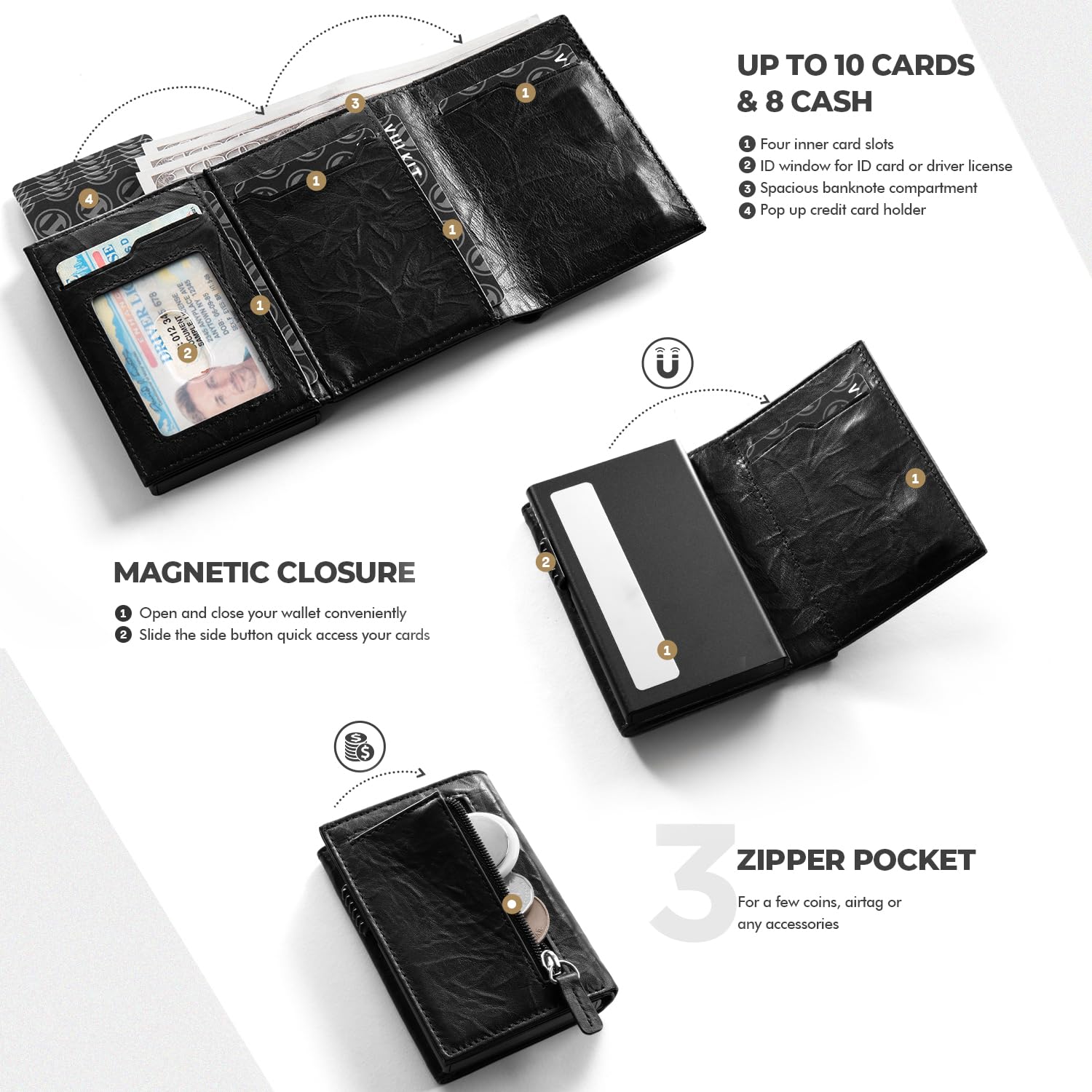 VULKIT Porta Carte di Credito in Pelle Prismatica con Blocco RFID Scomparto per Banconote, Finestra per Documento d'identità, Tasca Portamonete e Chiusura Magnetica