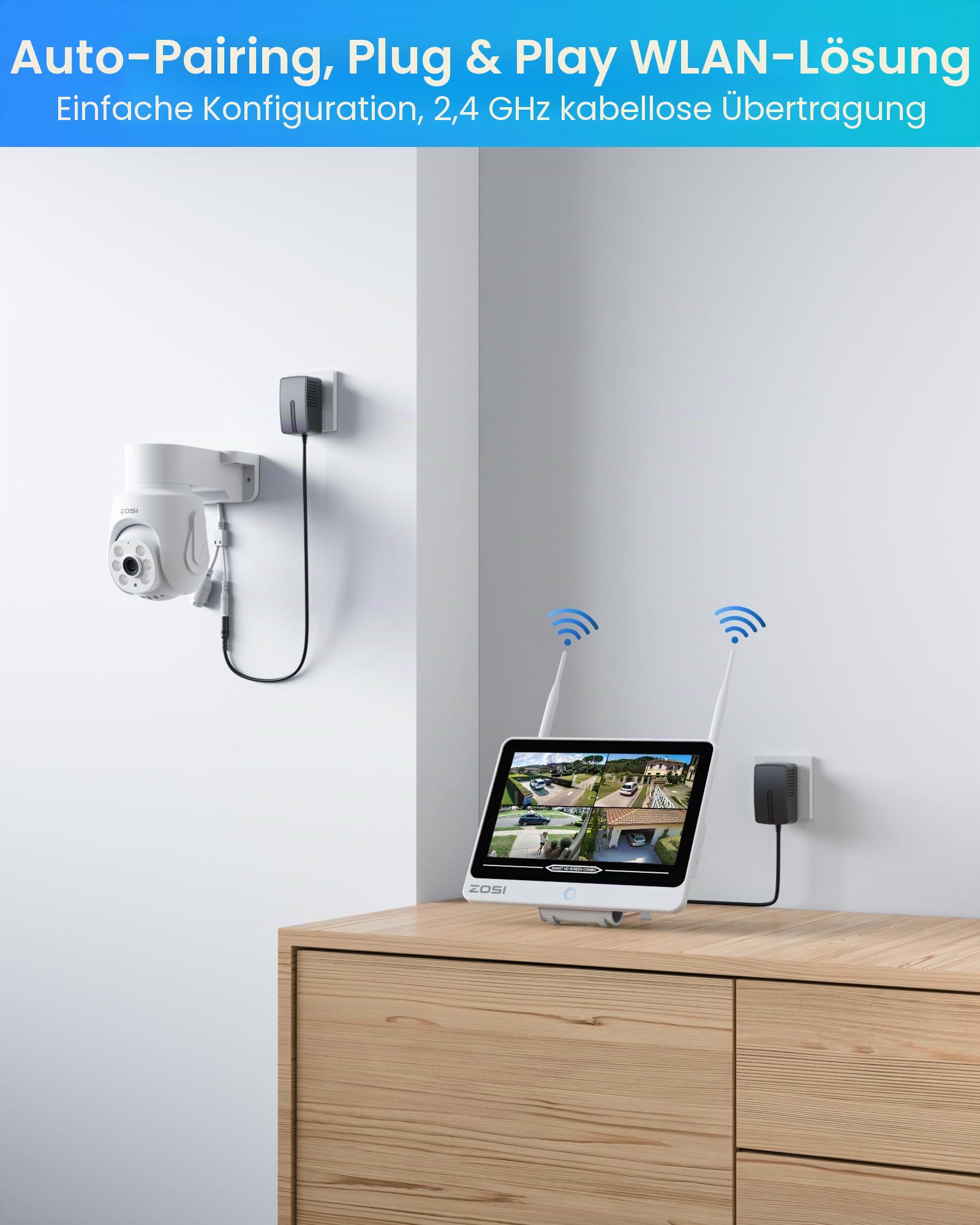 ZOSI 5MP WLAN Überwachungskamera Set Aussen mit 2TB NVR Monitor | 8X WiFi 6 360° PTZ Domekameras, 2-Wege-Audio, KI Personenerkennung & Verfolgung, Spotlight Alarm, Farbnachtsicht