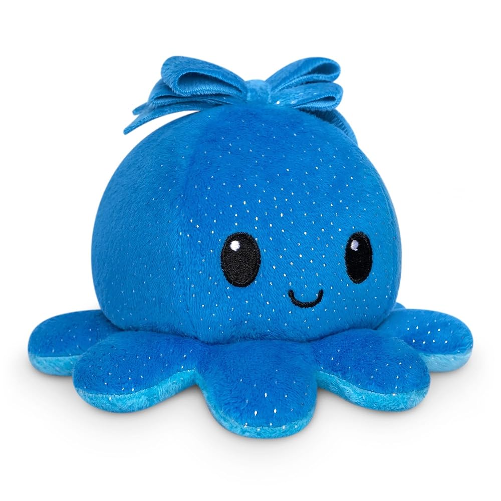 TeeTurtle - The Original Reversible Octopus Plushie - Blue Sparkle + Bow - Cute Sensory Fidget Stuffed Animals That Show Your Mood 4 inch