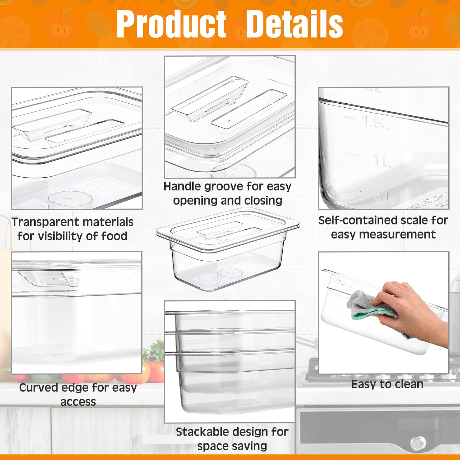 Eaasty 10 Pack Plastic Food Pans 1/4 Size Clear Food Pans with Lid Acrylic Transparent Stackable Plastic Fruits and Vegetables Storage Containers Restaurant Supplies(4 Inch High)