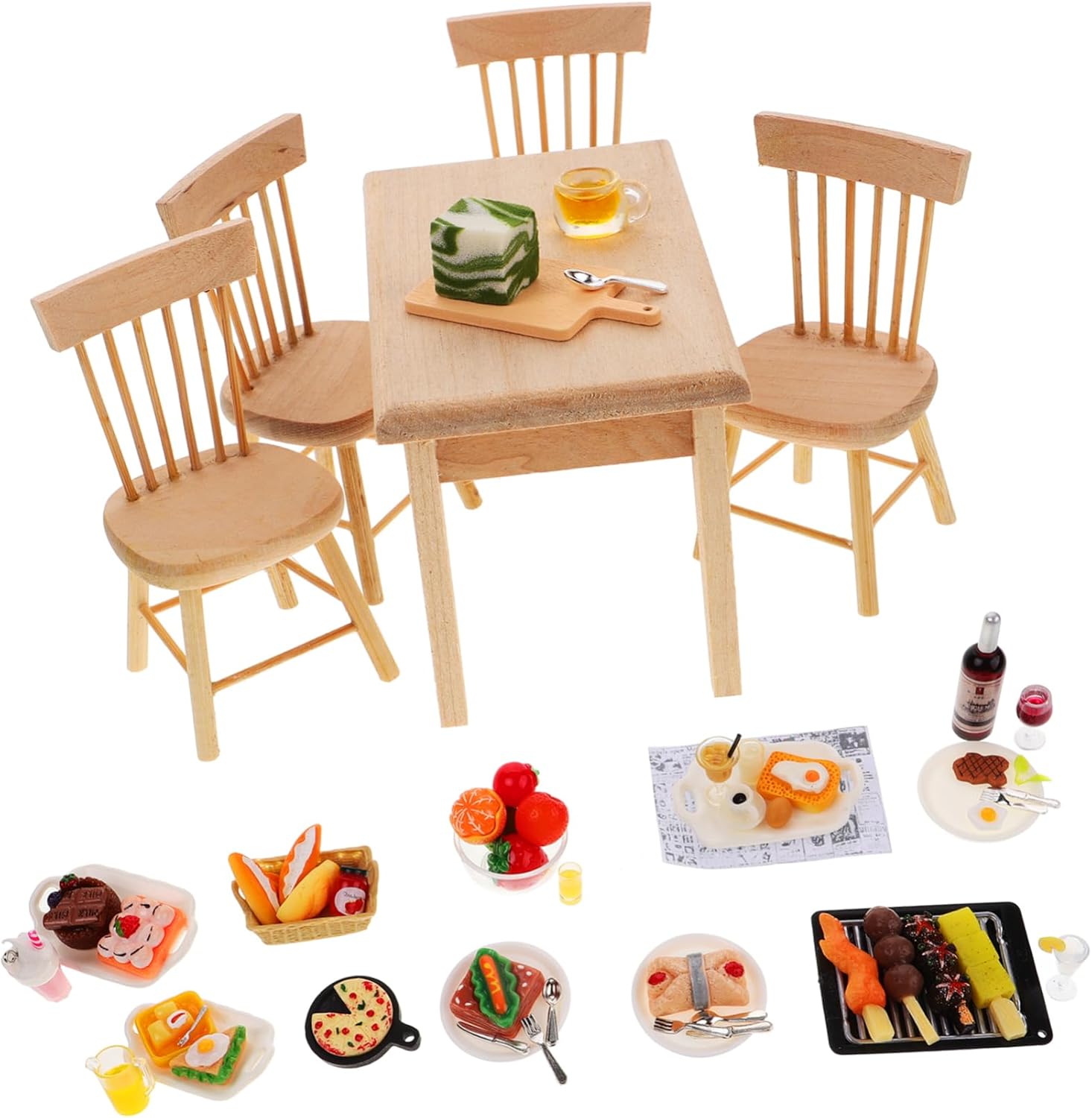 BESPORTBLE 1set Miniature Doll House Kitchen Furniture Tiny Table and Chairs Realistic Food Props for Boys and Girls Playhouse for Pretend Cooking and Creative Play