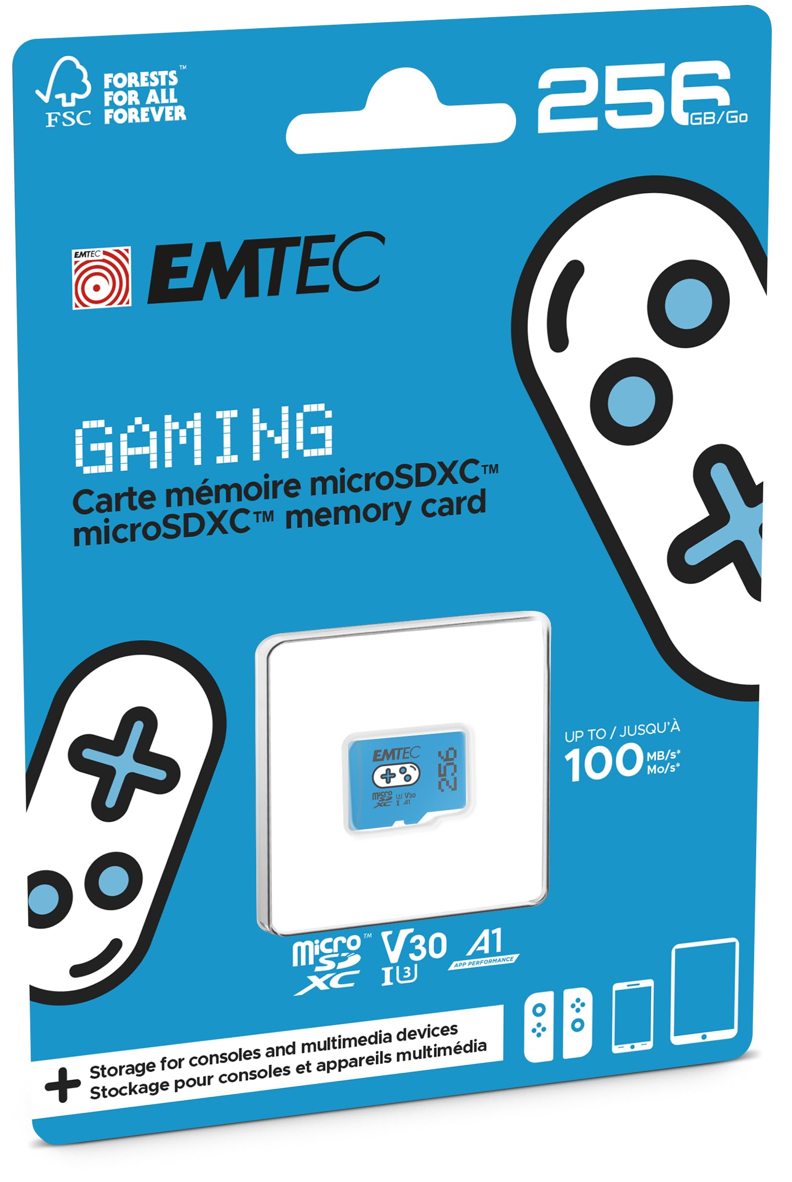 Emtec - Gaming - ECMSDM256GXCU3G - Tarjeta MicroSD de 256 GB - Velocidad de Escritura 95 MB/s - Velocidad de Lectura 100 MB/s - Azul