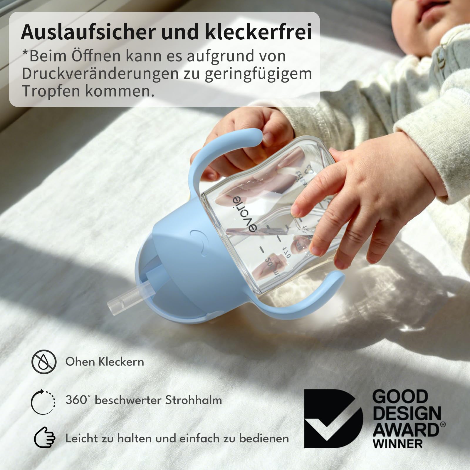 Evorie Tritan Trinkflasche mit Gewichtsstrohhalm 200 ml, auslaufsicher mit Griffen für Babys ab 6 Monaten, Trinklernflasche