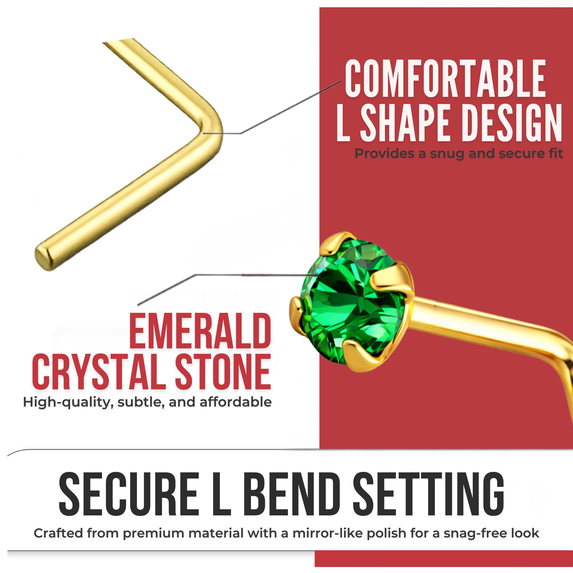 Monster Piercing 9K Solid Gelb Gold Klaue Set Smaragd Crystal Stein 22 Gauge L Form Nase Stud Piercingschmuck