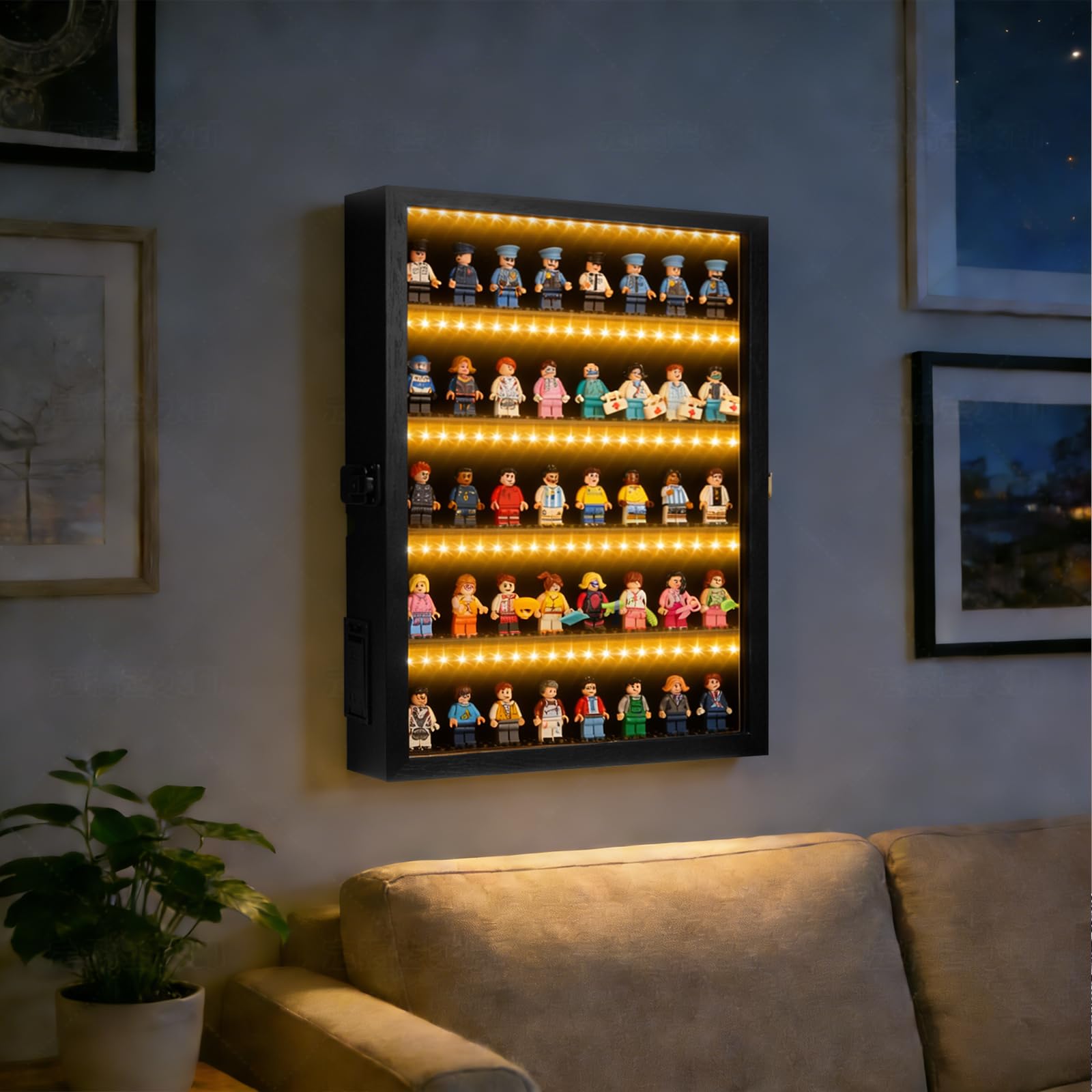 Minifiguren-Vitrine, schwarz, 40,6 x 27,9 x 5,9 cm, Vitrine mit LED-beleuchteten Regalen, Mini-Figuren-Vitrine mit eingebauten Füßen, batteriebetrieben, kabellos, Sammlungsdisplay