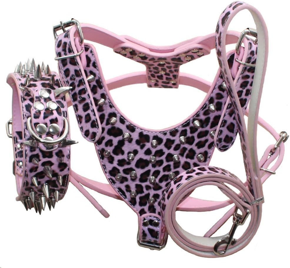 Leather Sharp Spiked Studded Dog Collars, Harnesses & Leashes 3Pcs Matching Set for Medium & Large Dog Pit Bull,Mastiff, Boxer, Bull Terrier