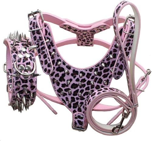 Miniatura 6 de Juego de 3 collares de perro con tachuelas afiladas de cuero, arneses y correas a juego para perros medianos y grandes, mastín, boxer, bull terrier