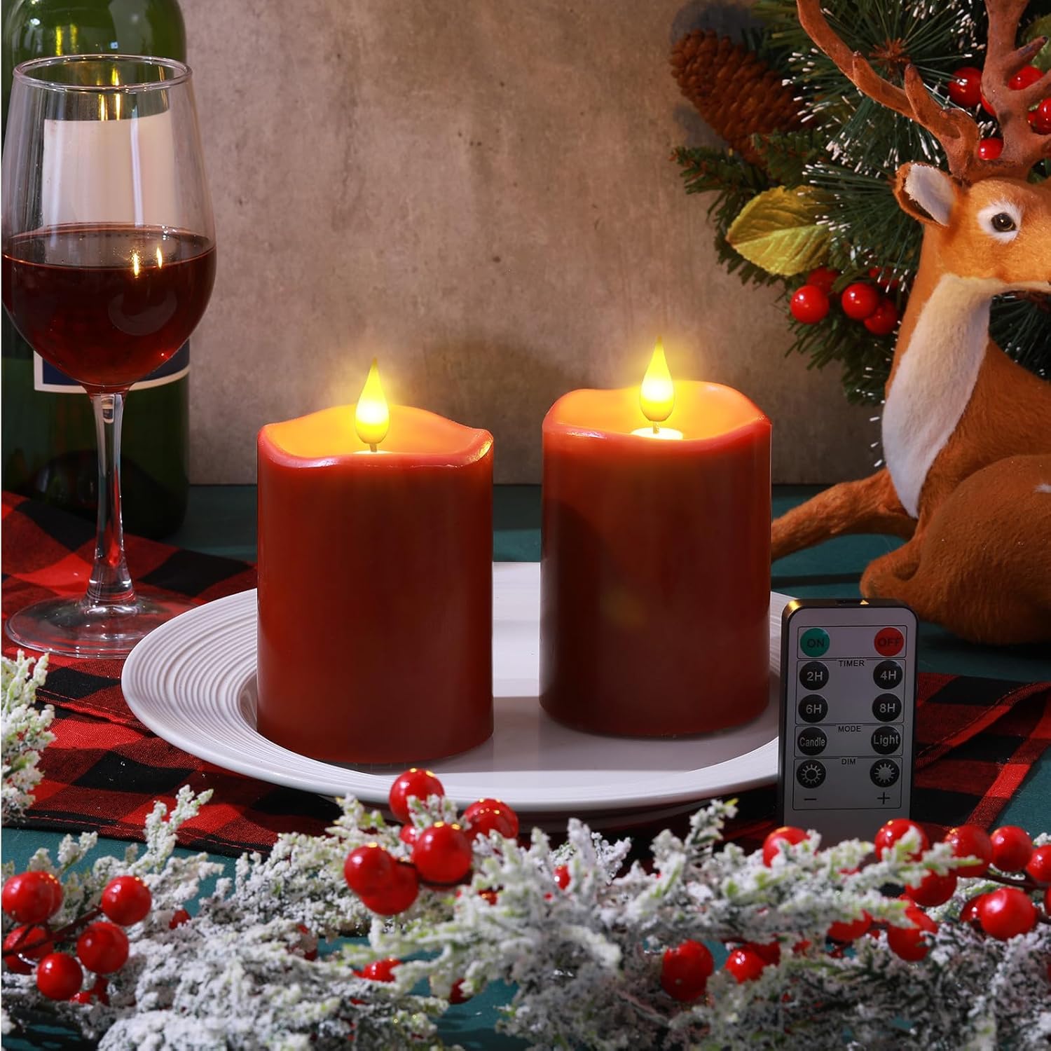 Retisee 3 x 4 Inch LED Candles with Remote Timer Flickering Real Wax Battery Operated for Home Decor(Burgundy,2 Pcs)
