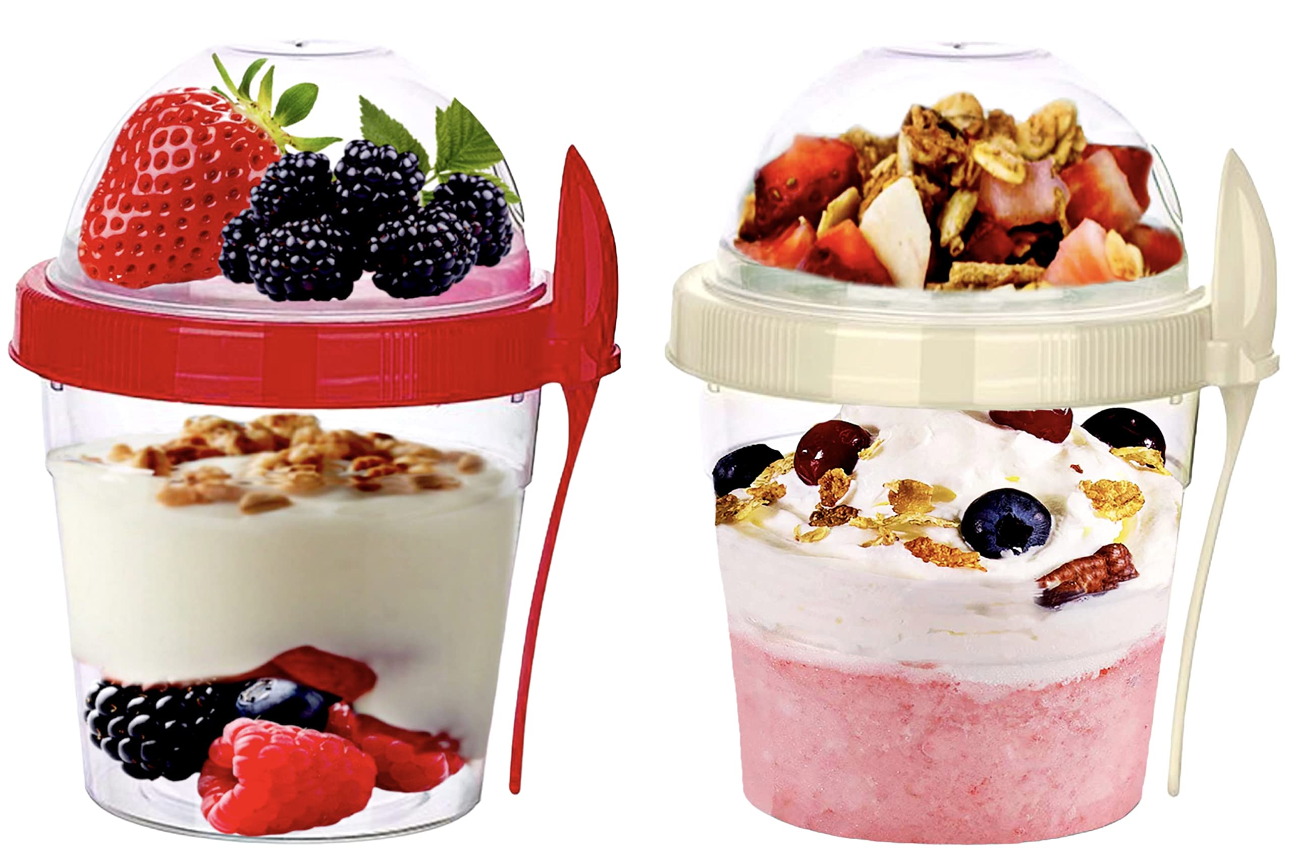 Yogurt Cup & Spoon 500Ml Reusable Breakfast Pots Muesli Cup With Lid Cereal & Snack Overnight Oats Dishwasher Safe Lunch Box Oatmeal Jars Travel Food Container (Set of 2 Red, Cream)