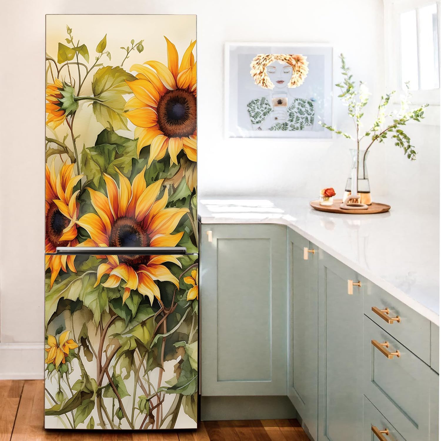 funlife Vintage Self-Adhesive Fridge Door Mural with Tools for Kitchen, 11.25" x64.17" 2pc, Vintage Sunflower