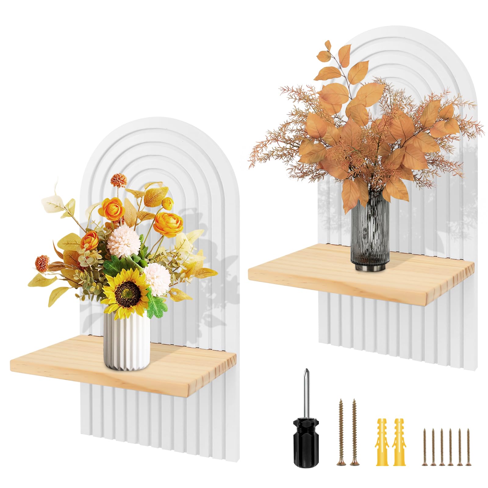 Set of 2 Wooden Wall Shelves, 18 cm White Bohemian Wall Shelves with Screws and Screwdrivers, Floating Shelves for Living Room, Bedroom, Kitchen, Bathroom, Save Home Space