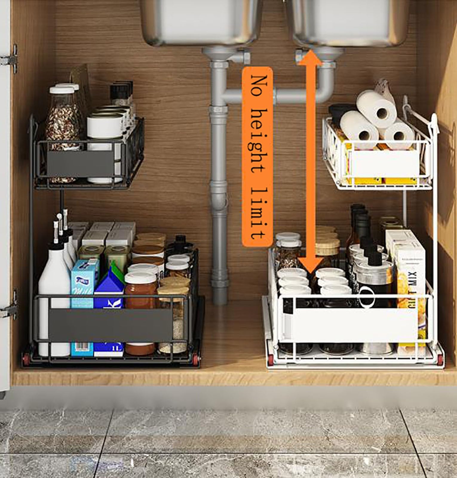 ELZEM Organizador Bajo Fregadero Cocina, Metal 2 Niveles Organizador Extraíble Estante Almacenamiento Debajo Fregadero Forma L, Estante Almacenamiento Integrado Multifuncional Fácil Montar A