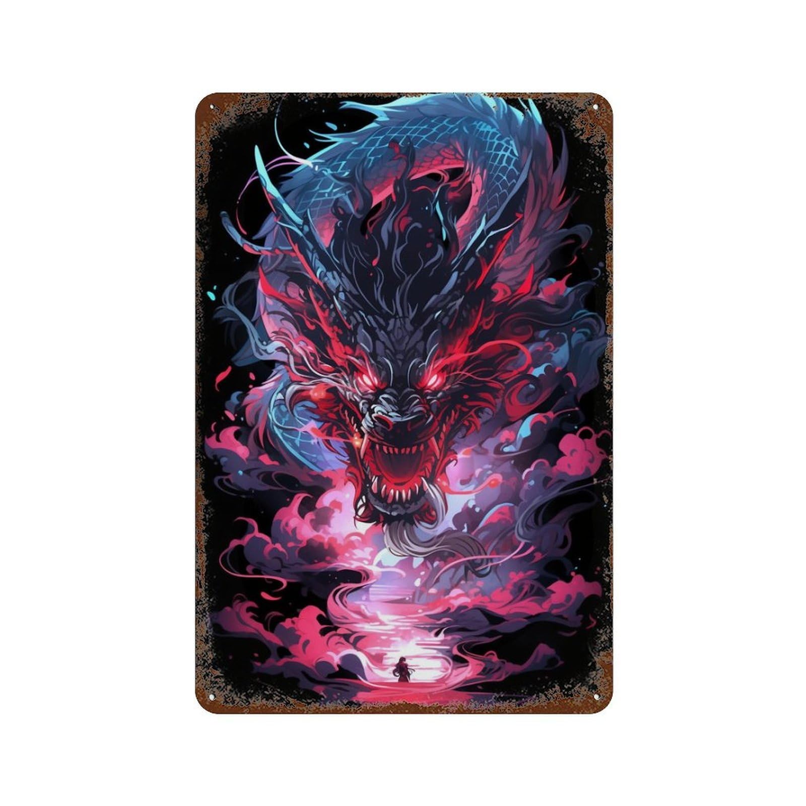 Dragon's Roar Fantasy Artwork 11.8"x7.9" Aged Metal Wall Plaque, Classic Wall Plaque for Basement, Hobby Room And Garage Decor