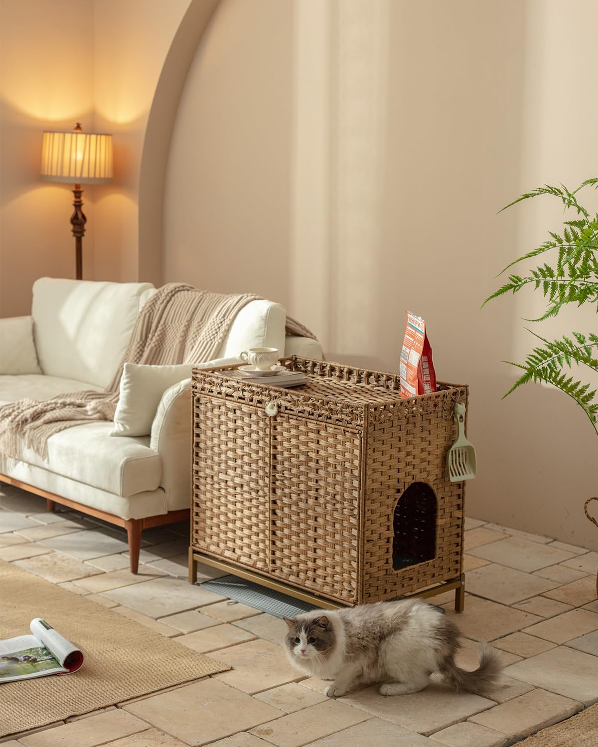 Cat Litter Box Enclosure; Cat Litter Box Enclosure Furniture with Cat Litter Mat;Handwoven Rattan Cat House with Metal Heightened Feet;30.3×18.3×28 Inches;Living Room, Bedroom-Natural
