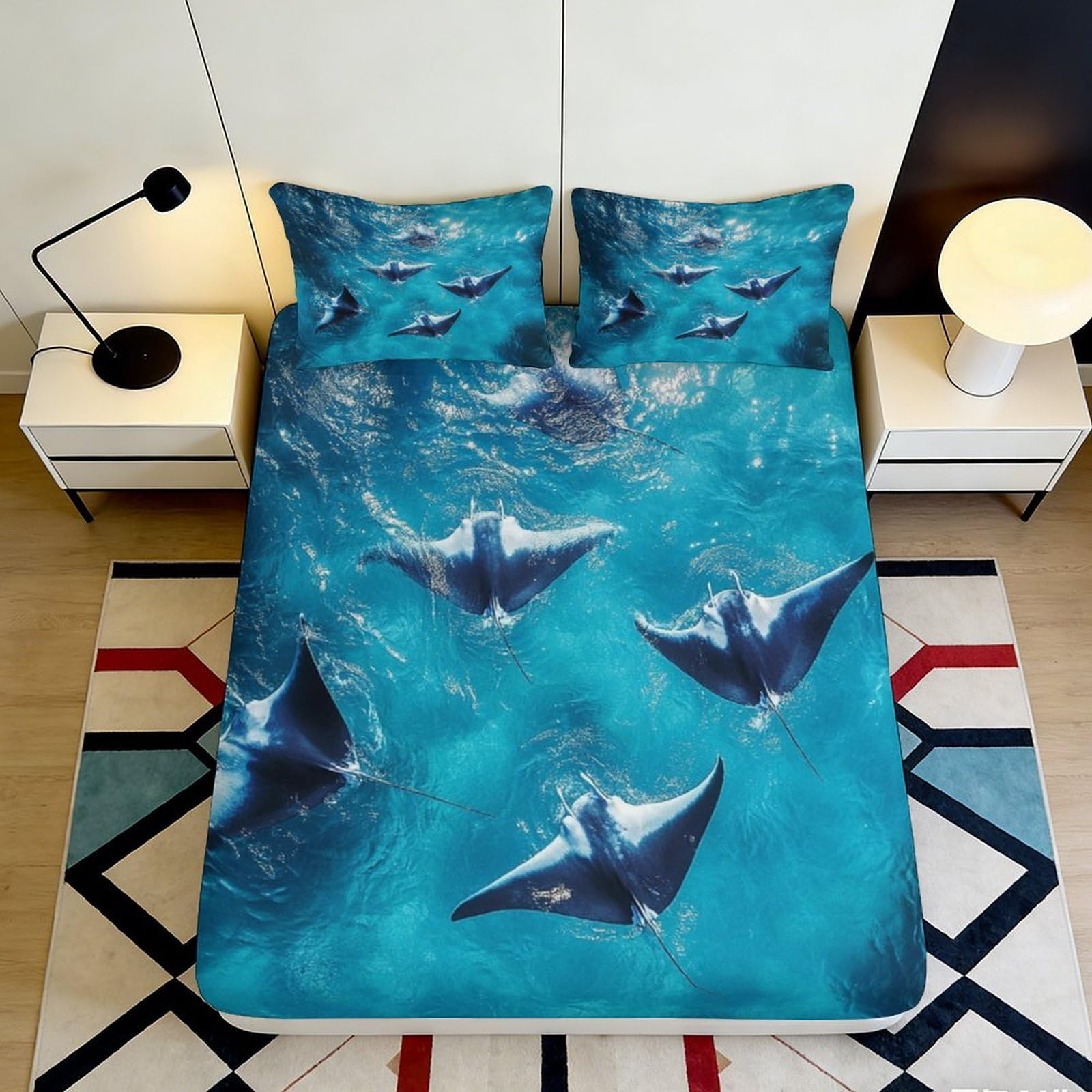 3D Printed Ocean Manta Ray Fitted Sheet Microfiber Soft Blue Sea Bed Cover for Bedroom Guest Room Dorm Mattress Protection 140x200x25cm