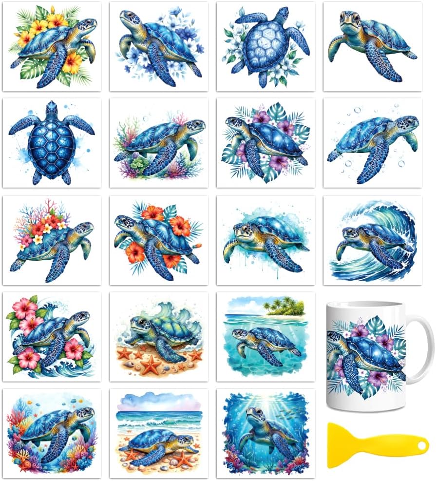Peacoblue 18 Sheets Rub on Transfers for Crafts, Blue Sea Turtle with Coral Flowers 3.6"x3.9" UV DTF Cup Wraps Waterproof Cold Transfers Stickers for Glass Metal Cup Tumblers Mirrors Mugs Home Decor