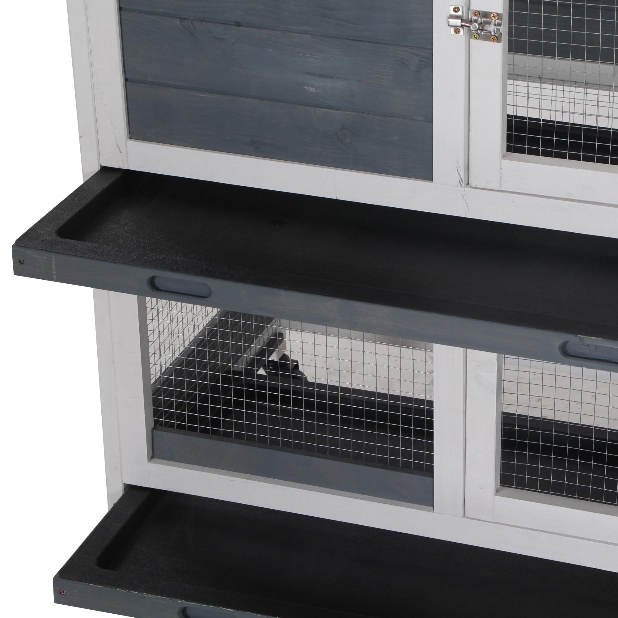 PawHut Conigliera in legno su ruote 147x45,5x88,5 cm Gabbia per conigli a 2 livelli con tetto apribile 2 corridoi in metallo 3 vassoi rimovibili 3 porte con chiusura e rampa Grigio