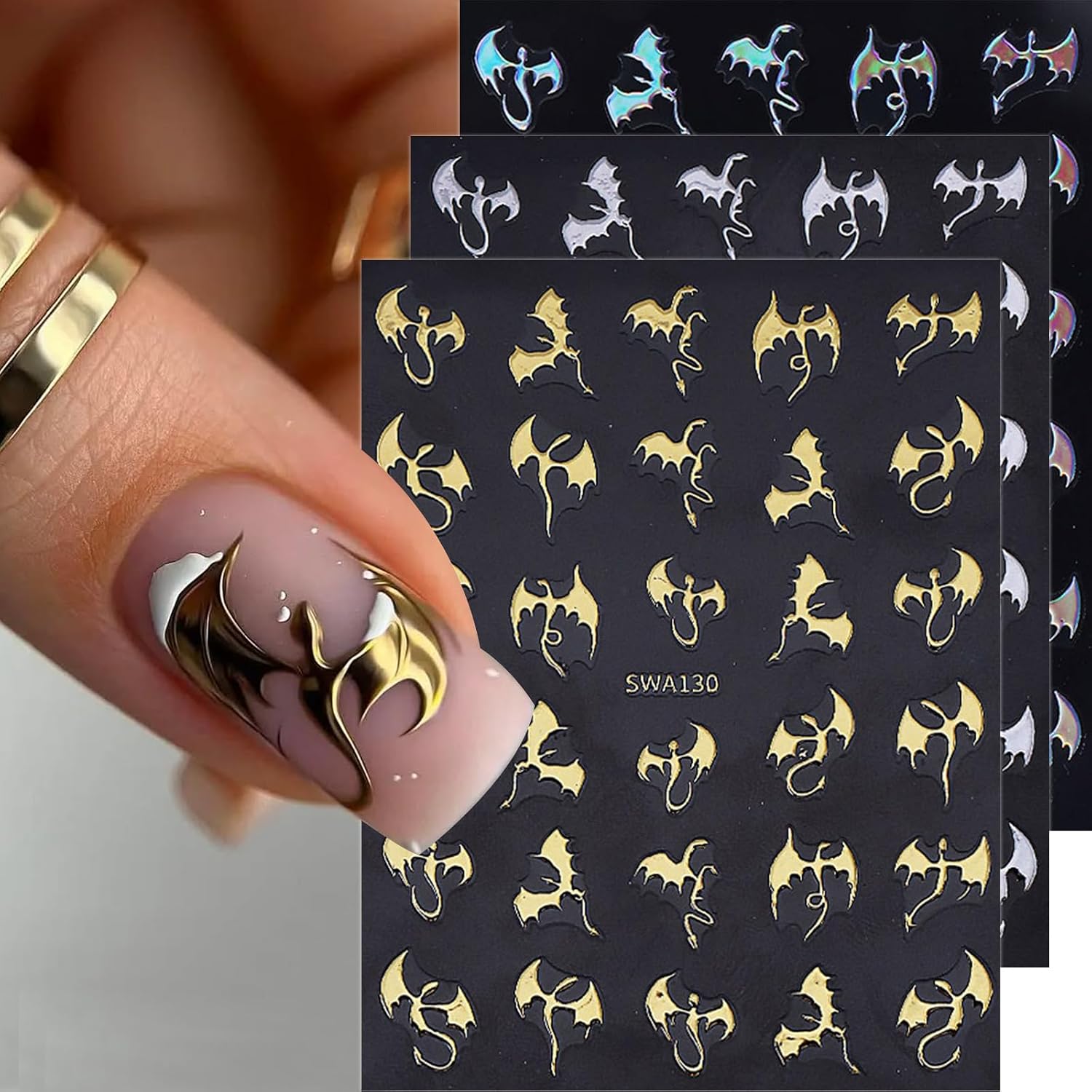 Halloween Nail Stickers for Nail Art Metallic Bat Nail Decals 6PCS Self-Adhesive Laser Silver Gold Supply Manicure Sliders Dragon Stickers for Nail Decorations Nail Art Charms Manicure Accessories