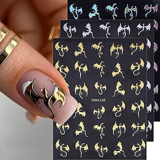 Halloween Nail Stickers for Nail Art Metallic Bat Nail Decals 6PCS Self-Adhesive Laser Silver Gold Supply Manicure Sliders Dragon Stickers for Nail Decorations Nail Art Charms Manicure Accessories