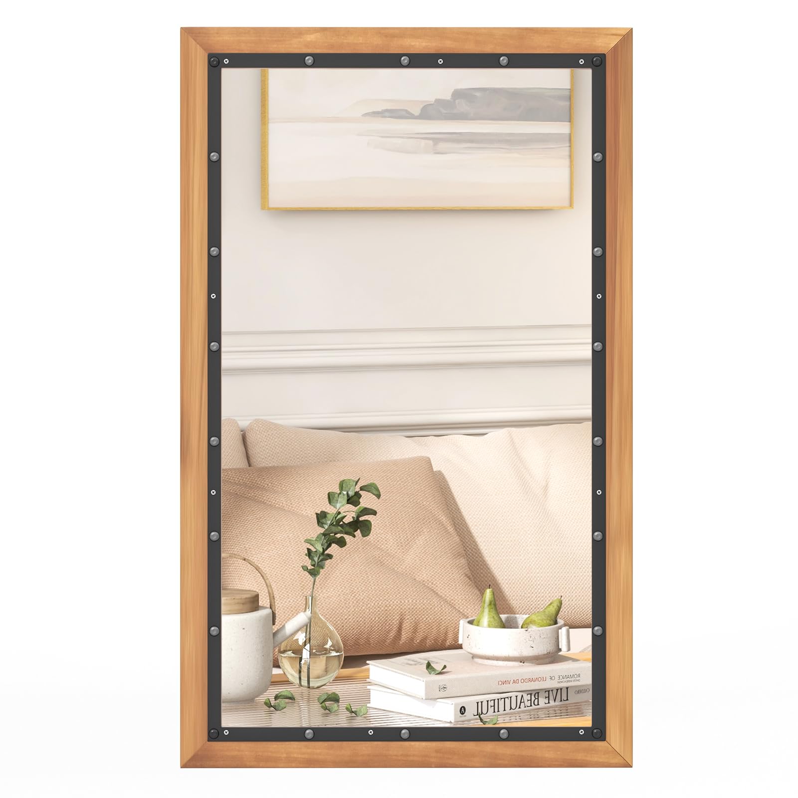GOPLUS - Espejo de pared con ganchos para colgar, espejo rectangular con marco de madera, espejo decorativo rústico, para sala de estar, dormitorio, entrada, baño, instalación fácil, 90 x 55 cm