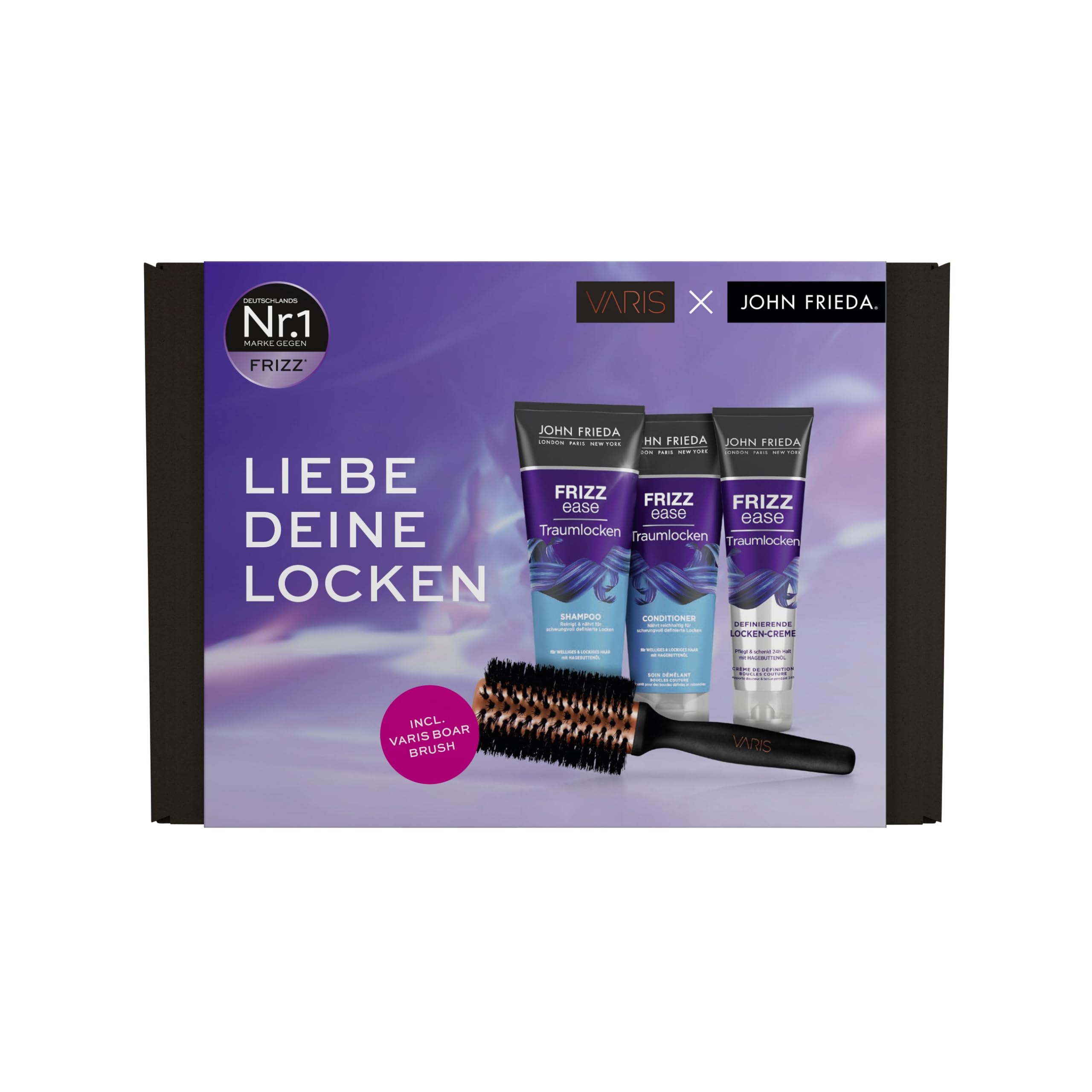 John Frieda Varis Frizz Ease Traumlocken Kit avantageux – Contenu : shampooing, 250 ml/après-shampoing, 250 ml/crème définissante bouclée, 150 ml/brosse à cheveux Varis Boar Brush – Inspiré des