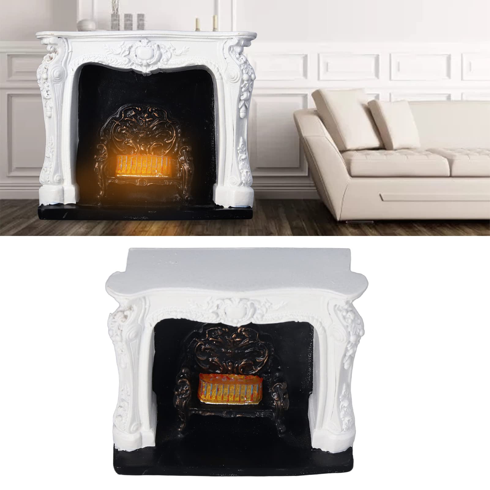 LED Miniature Luminous Fireplace Lights, Dollhouse Furniture and Accessories, 1/12 Scale, Miniature Furniture Room Wooden Vintage Black White Fireplace