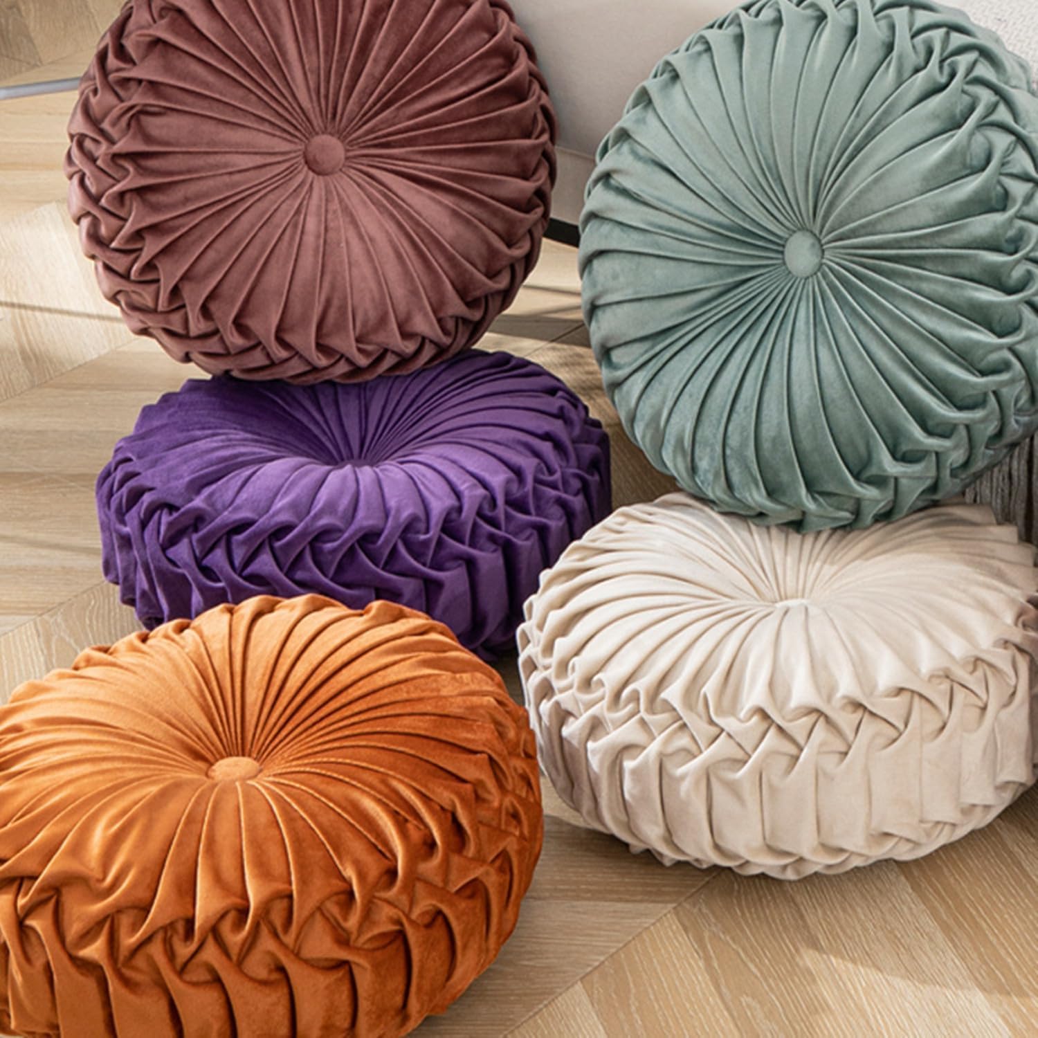 Round Pillow Velvet Pleated Round Floor Seat Cushion Soft Decorative Circle Throw Pillow for Couch Bed Car (Purple)