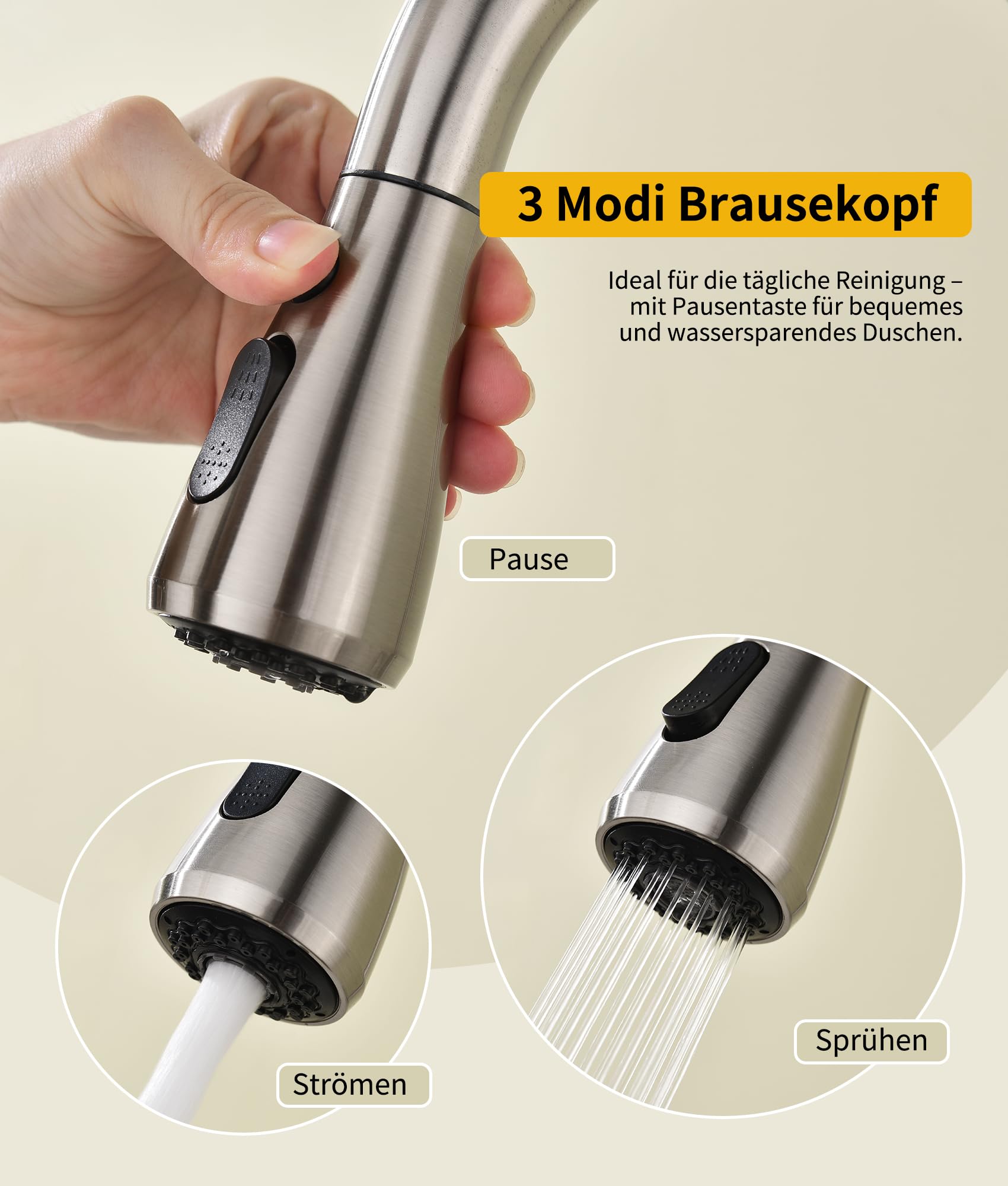 Ausziehbarer Küchenwasserhahn Mit 3 Sprühfunktionen – 360° Drehbar, Hochdruck, Edelstahl Gebürstet