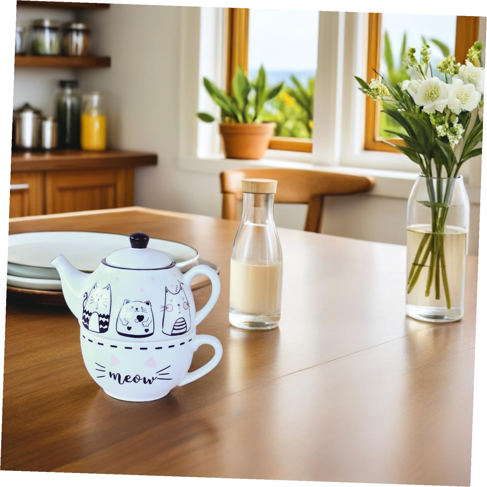 TOYANDONA Set Teiera e Tazza in Ceramica Motivo Gatti, Kit da Tè per Uso Domestico, Design Decorativo Bianco, Adatto per Casa, Ufficio e Regalo