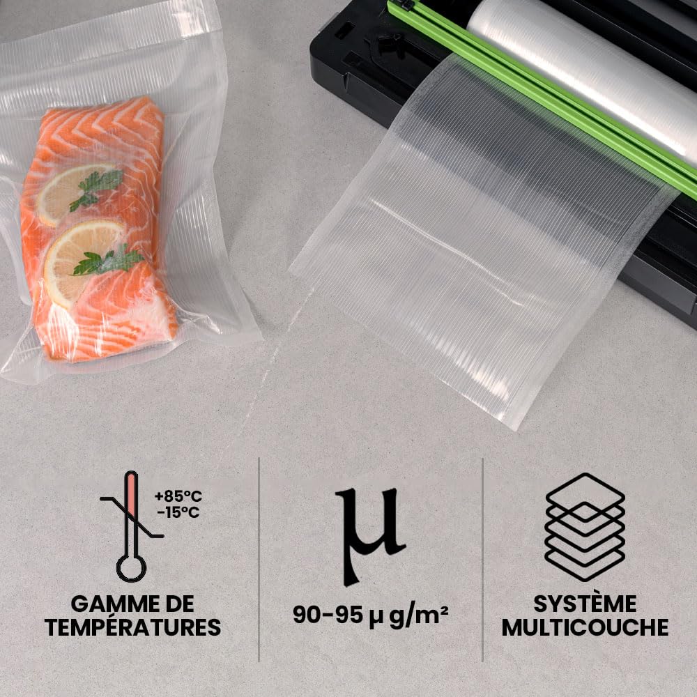 Lot de 100 sacs sous vide alimentaire avec technologie Line + | Nouvelle formule, système rayé, multicouche, sans BPA, fabrication espagnole 30 x 50 cm