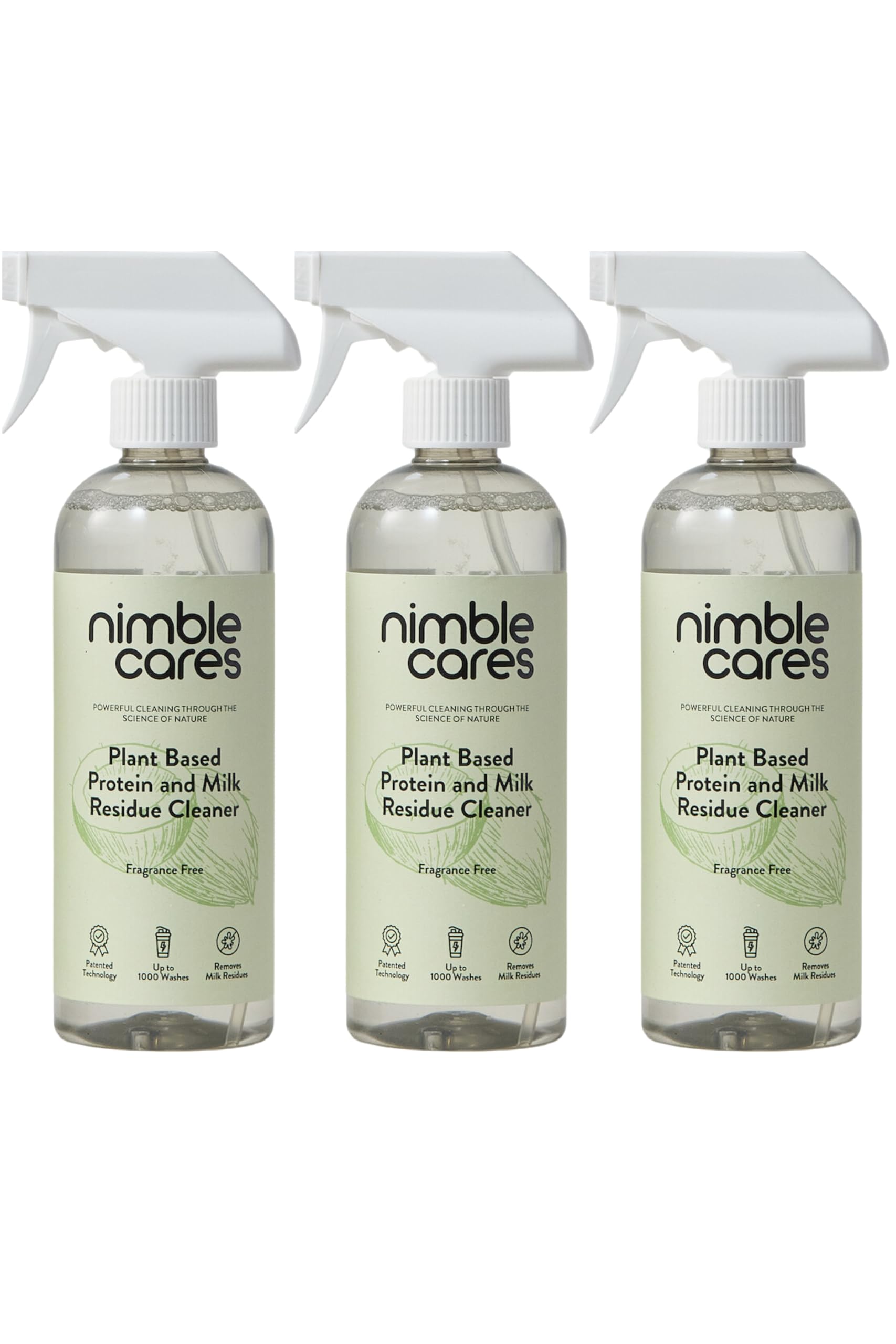 Nimble Cares Plant Based Protein and Milk Residue Cleaner Fragrance Free 3000 Washes 3 x 500ml (1500ml)