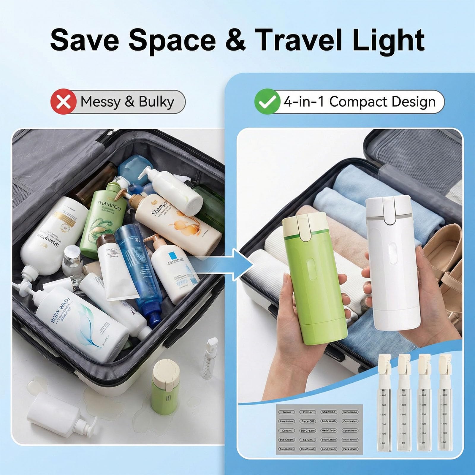 Dispenser da viaggio 4 in 1, ricaricabile, con scala ed etichetta, contenitore portatile a prova di perdite, per shampoo, lozioni, balsamo, crema liquida (verde)