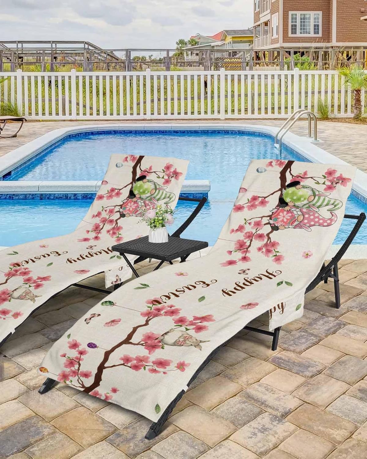 Spring Beach Pool Patio Lounge Chaise Chair Cover Towel with Pockets,Absorbent & Quick Dry Microfiber Towel Cover Bag Summer Accessories for Sunbathing Easter Gnomes Eggs Rabbit Love-Tree Flowers