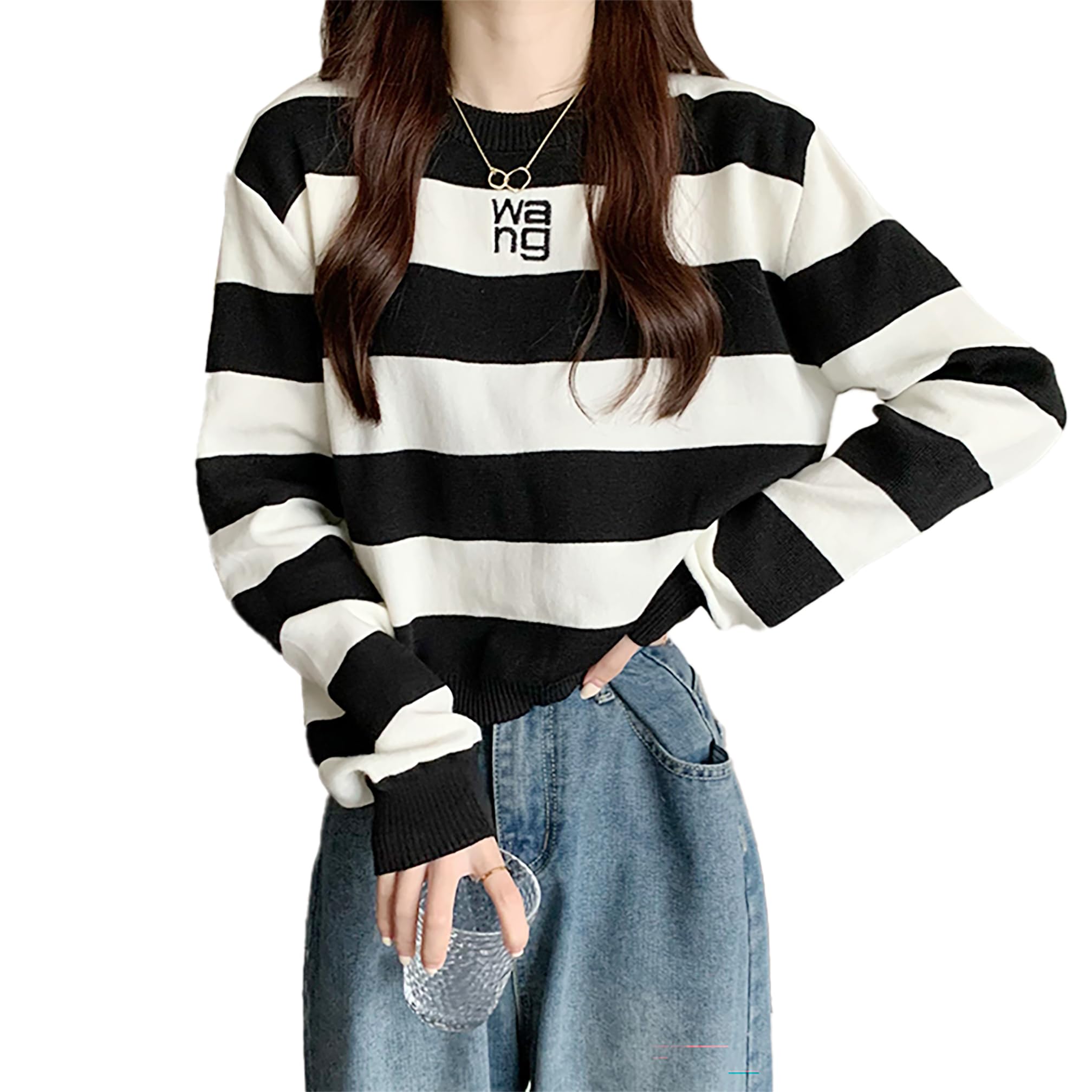 Women's Stretchable Lazy Style Knitted Woolen Long Sleeve Round Neck Striped Colour Block Crop Top T-Shirt Pullover Sweater DN155 (One Size Fit XS-S-M-L)
