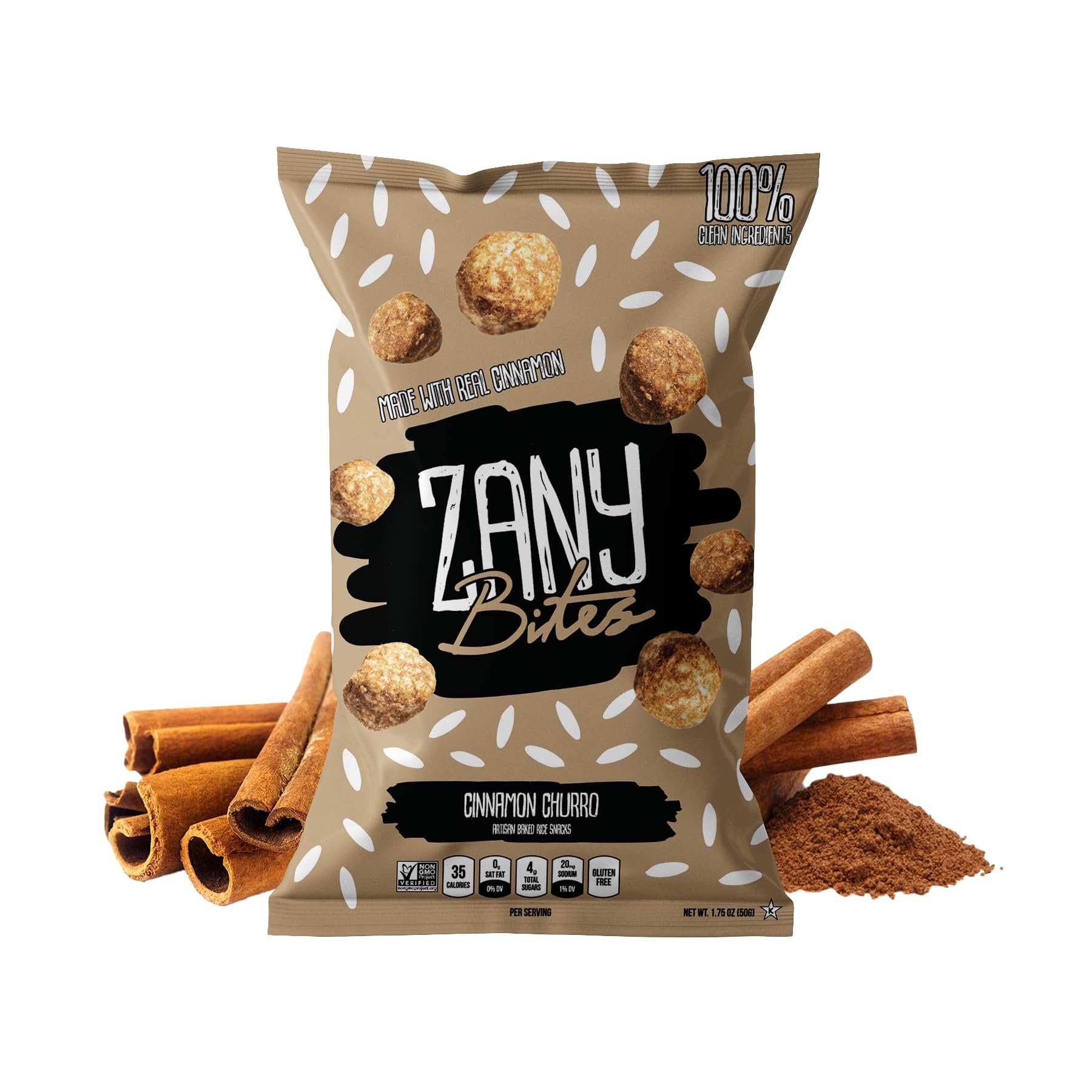 Zany Bites Cinnamon Churro - Non-GMO, Gluten Free, Nut Free, Artificial Free, Soy Free, Egg Free, Vegetarian, Sustainable, Kosher, Halal - Pack of 5 - Sweet Snacks