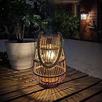 pearlstar Outdoor Solar Lanterns Light Rattan Natural Lantern with Handle for Hanging or Table Lamp for Patio Yard Garden Wedding Home Decoration